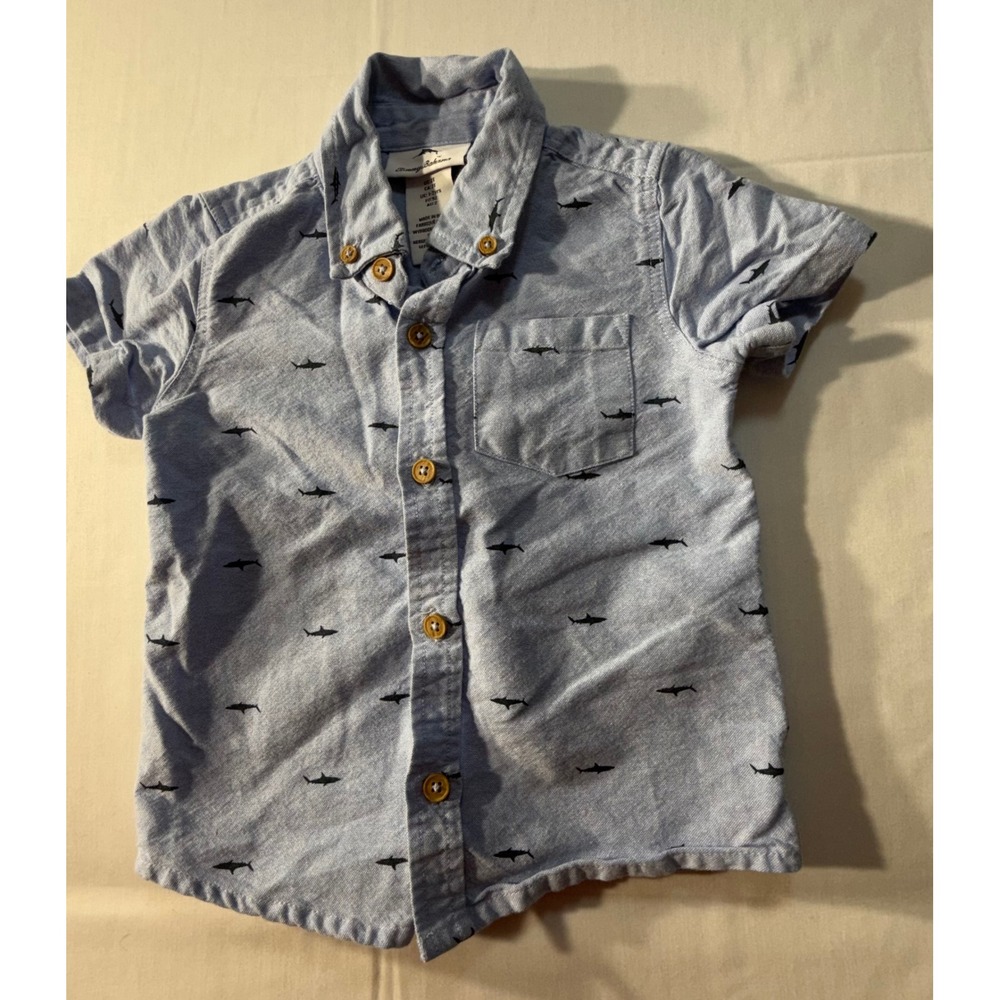 Tommy Bahama Boys Blue Shark Print Cotton Button Down Shirt Size 2T